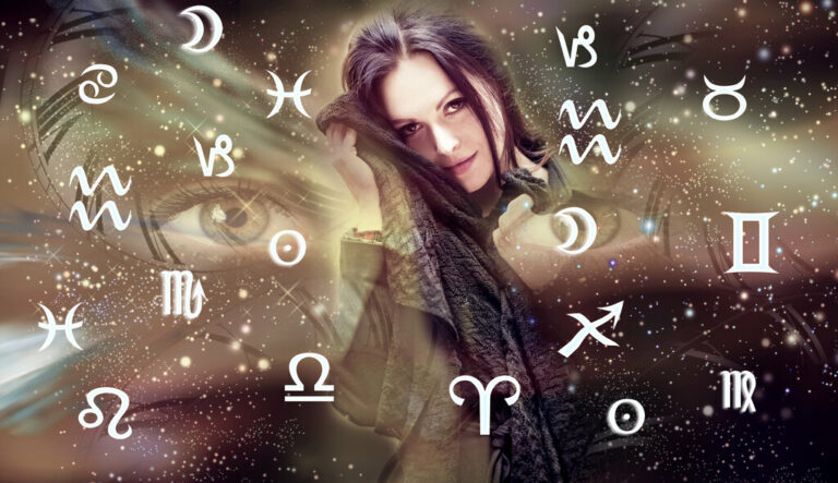 Fullmåne, astrologi. Kvinne står midt i zodiak tegn